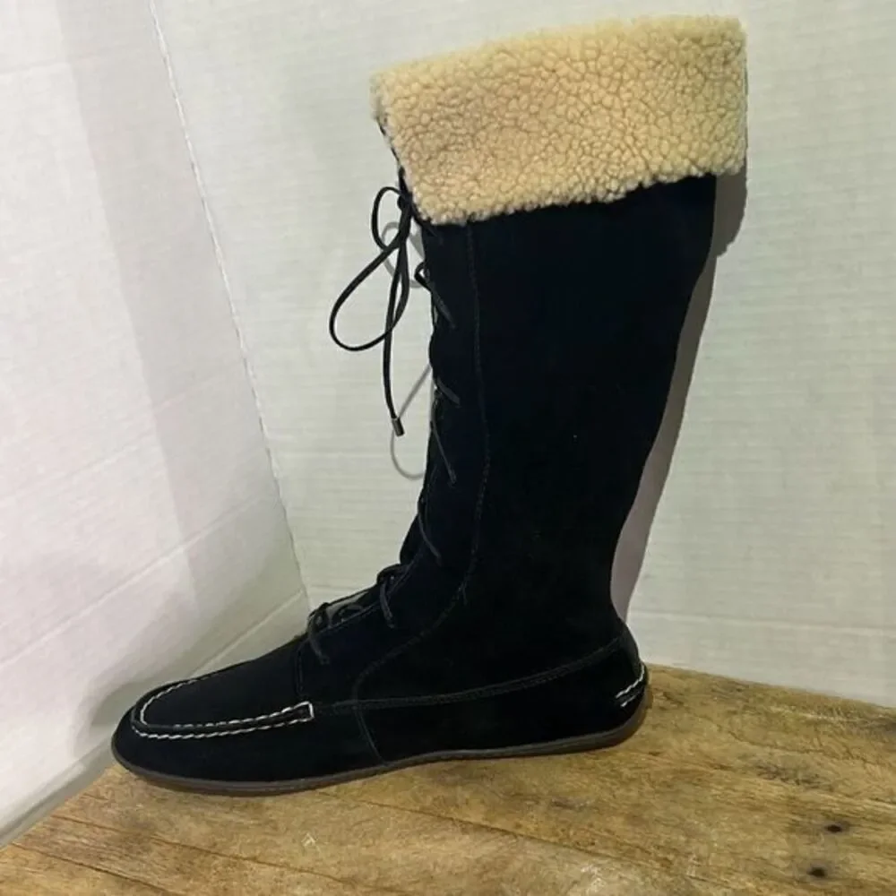 Sperry‎ topsider tall black moccasin boots Sherpa lace up booties